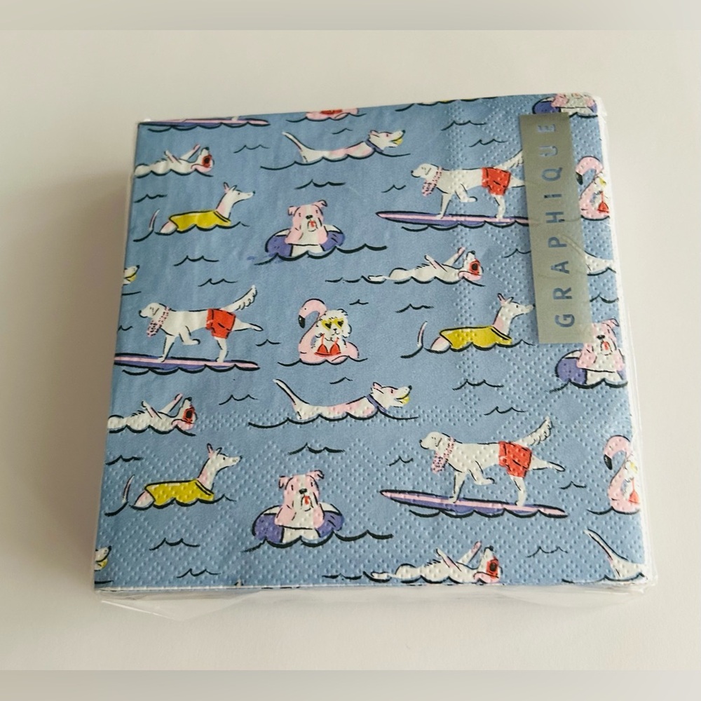 New 40 Graphique Paper Cocktail Napkins Dogs Ocean Surfing Swimmimg - Picture 14 of 16